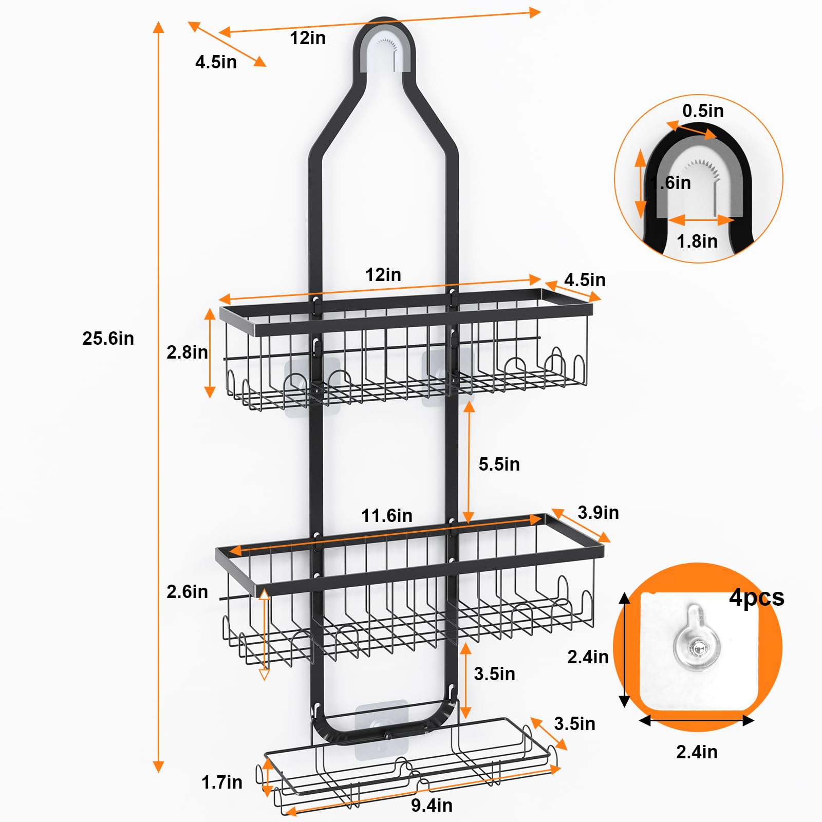 Fixwal Shower Caddy Hanging Over Shower Head, Height Adjustable Bathroom Black Rustproof Shower Organizer Hanging Shelf Storage with 2 Soap Holders, Hooks for Towels, Sponge, Razor