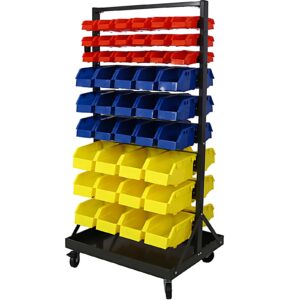 9-tier double-sided movable parts tool storage rack with 90 bins, nuts bolts storage organizer with locking wheels for shop garage and home