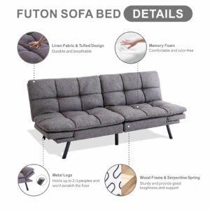 MUUEGM Futon Sofa Bed,Memory Foam Convertible Sleeper Sofa Couch,Modern Futon Couch Daybed Love Seat for Living Room Small Space Apartment Office,Adjustable Armrest Backrest,Linen Fabric,Grey