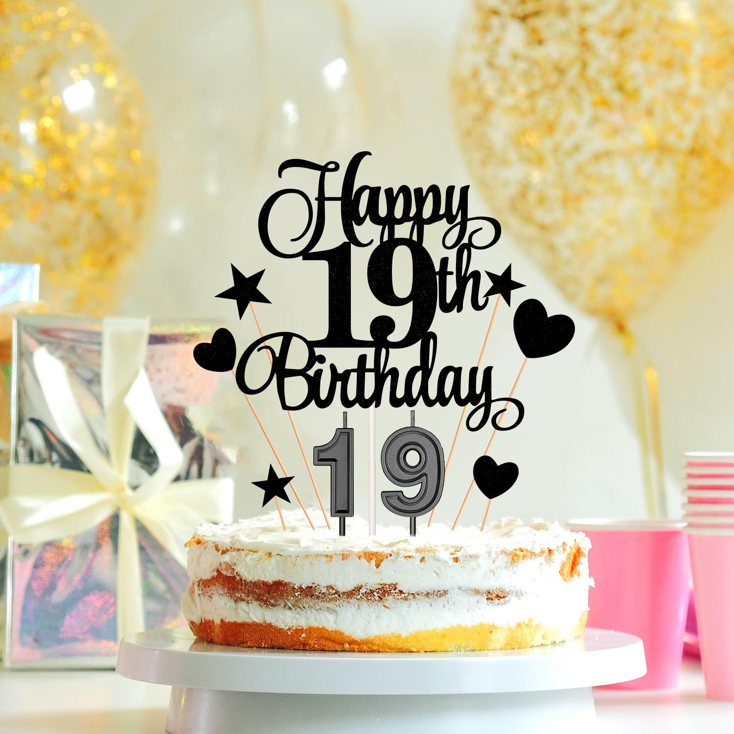 19th Birthday Cake Decorations Set Include 19th Birthday Candles Numeral 19 Cake Candles and Happy 19th Birthday Cake Toppers with Heart Star Cupcake Picks for Birthday Party (Black Series)