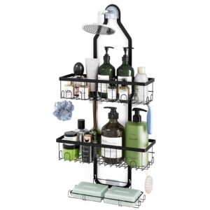 fixwal shower caddy hanging over shower head, height adjustable bathroom black rustproof shower organizer hanging shelf storage with 2 soap holders, hooks for towels, sponge, razor