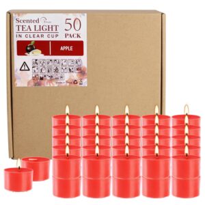 clear cup tea light candles - red - box of 50 - apple scented tealight candles - long burning time of 8 hours - great for all events