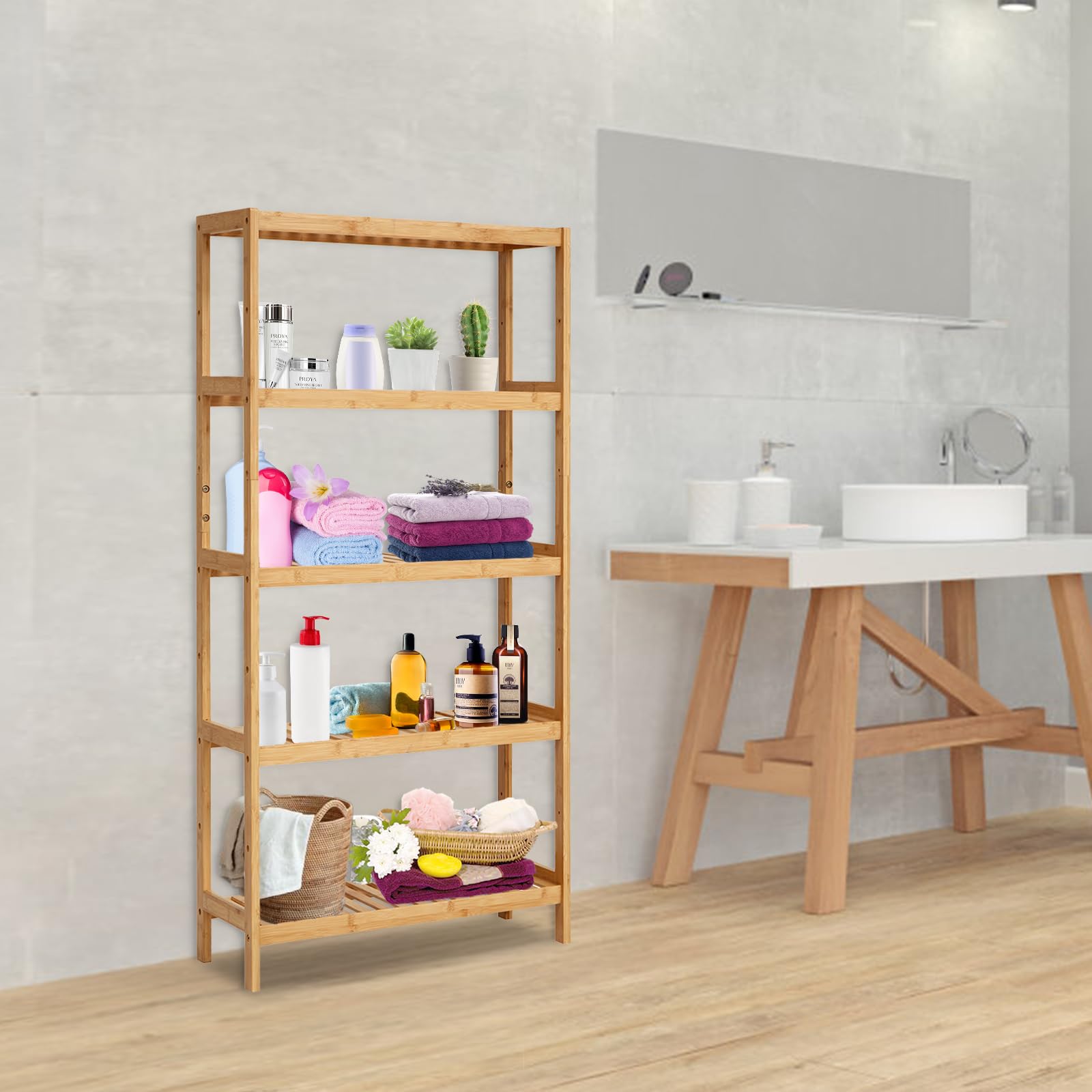 Kinfant 5-Tier Bamboo Bathroom Shelf - Bamboo Bookcase Storage Shelving, Tall Book Rack Shelving Unit, Multifunctional Adjustable Display Rack for Home Office Bathroom Kitchen Living Room