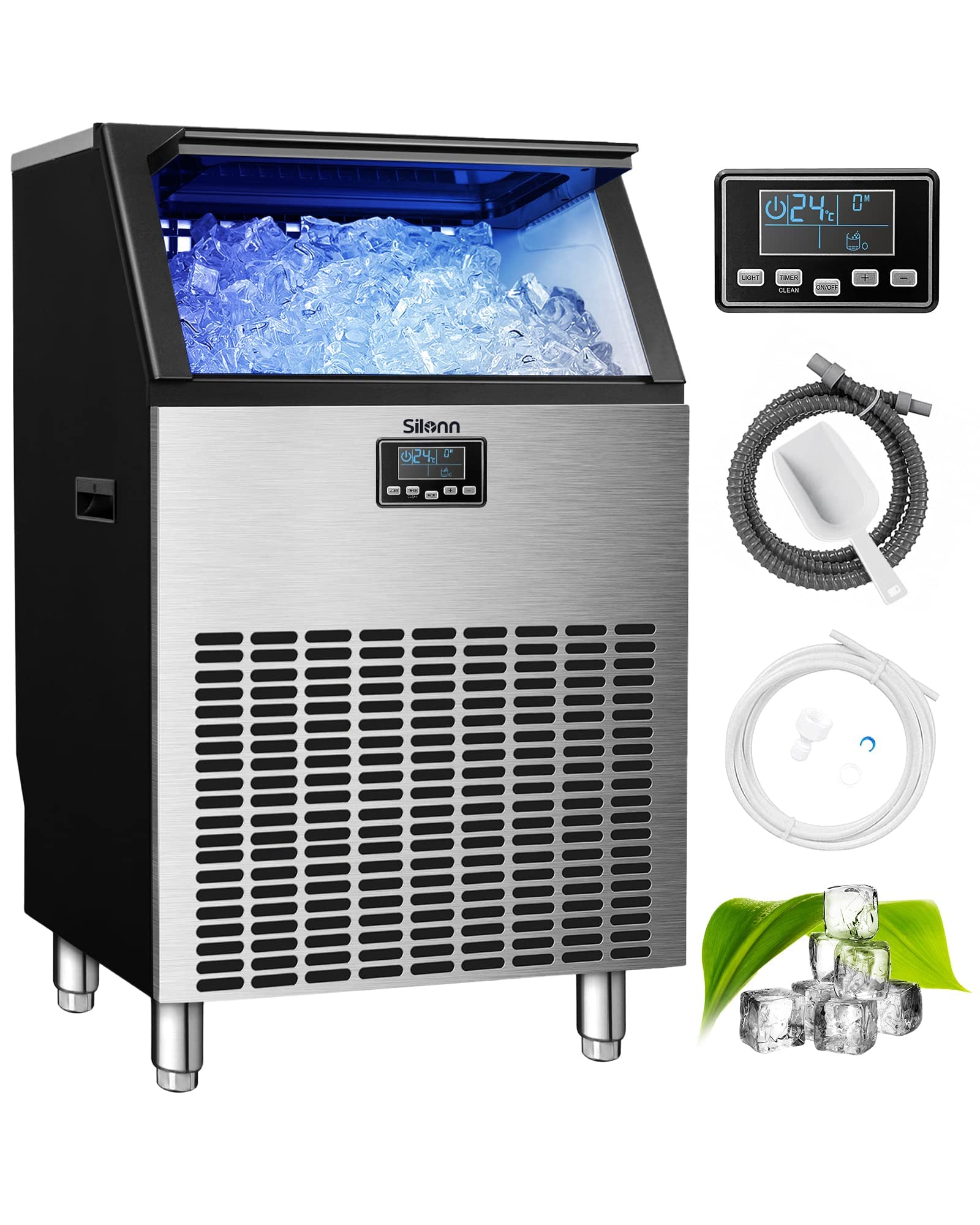 Silonn Commercial Ice Maker, Creates 200lbs in 24H, 48lbs Ice Storage Capacity, Stainless Steel Freestanding Ice Maker Machine with Auto Self-Cleaning for Home Office Bar Parties (SLIM13T)