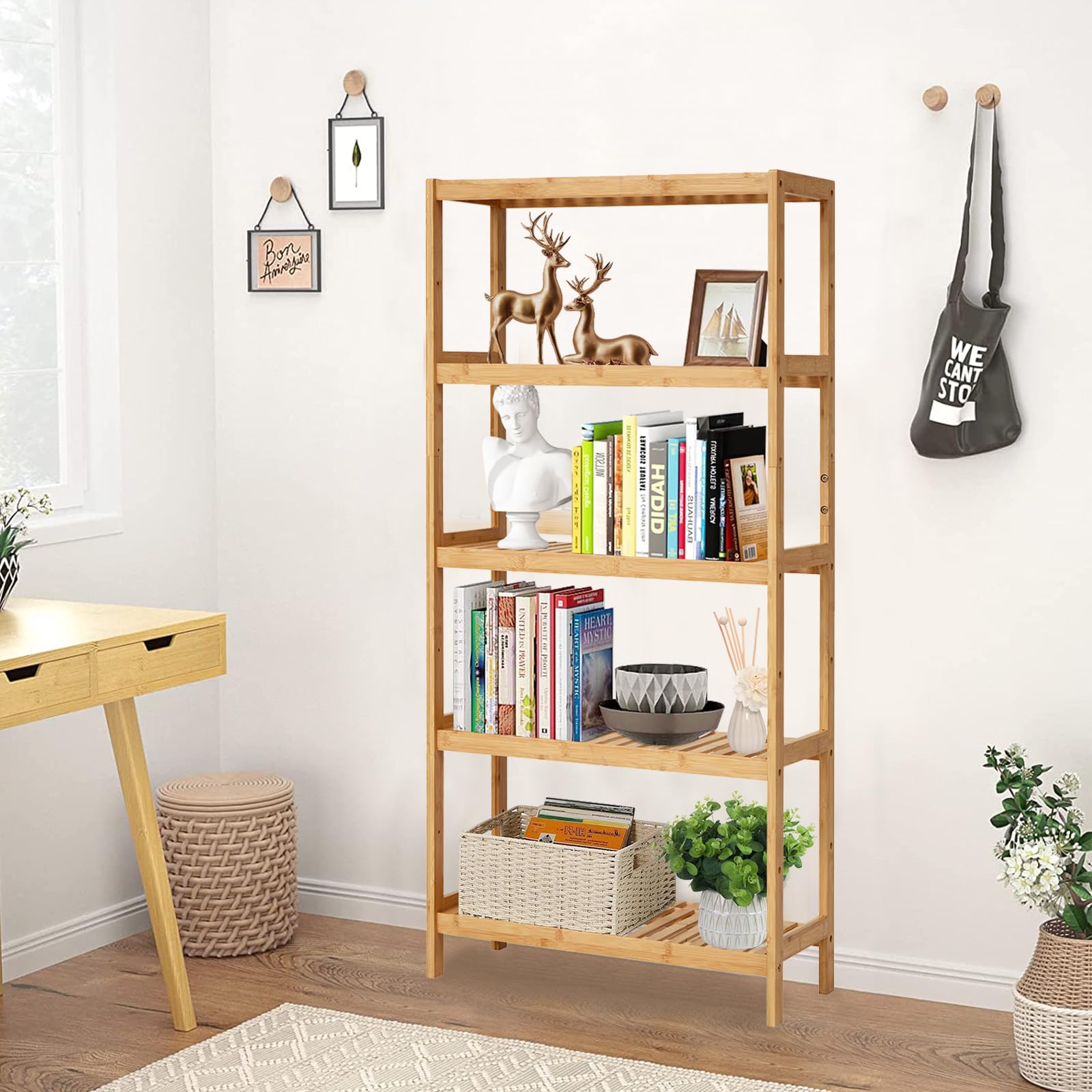 Kinfant 5-Tier Bamboo Bathroom Shelf - Bamboo Bookcase Storage Shelving, Tall Book Rack Shelving Unit, Multifunctional Adjustable Display Rack for Home Office Bathroom Kitchen Living Room