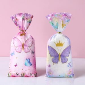 purple pink butterfly candy bag - 100pcs pink and purple gift wrap clear gift bags candy bags cookie bags party favor bags for bakery, birthday, wedding, baby shower party decoration