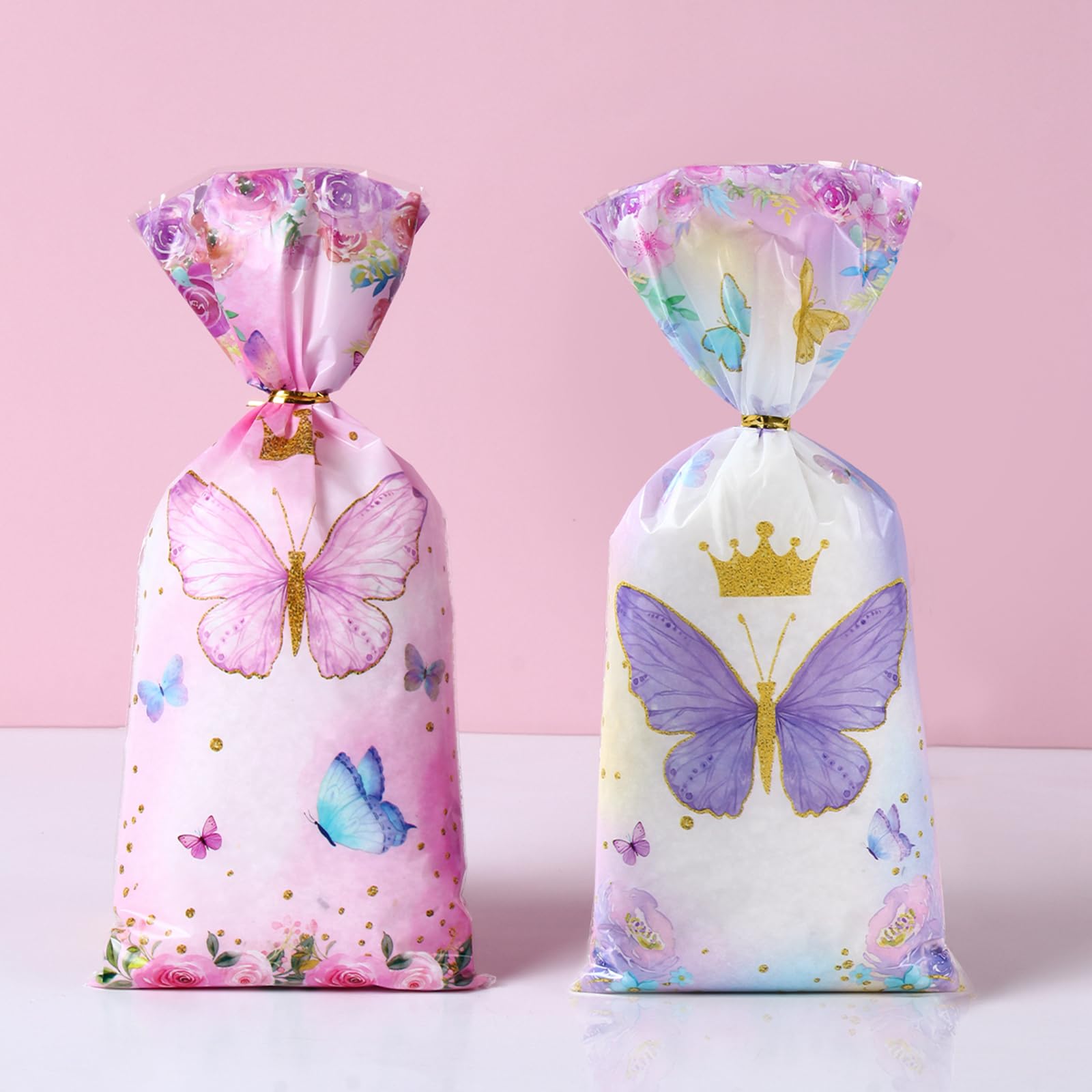 Purple Pink Butterfly Candy Bag - 100pcs Pink and Purple Gift Wrap Clear Gift Bags Candy Bags Cookie Bags Party Favor Bags for Bakery, Birthday, Wedding, Baby Shower Party Decoration