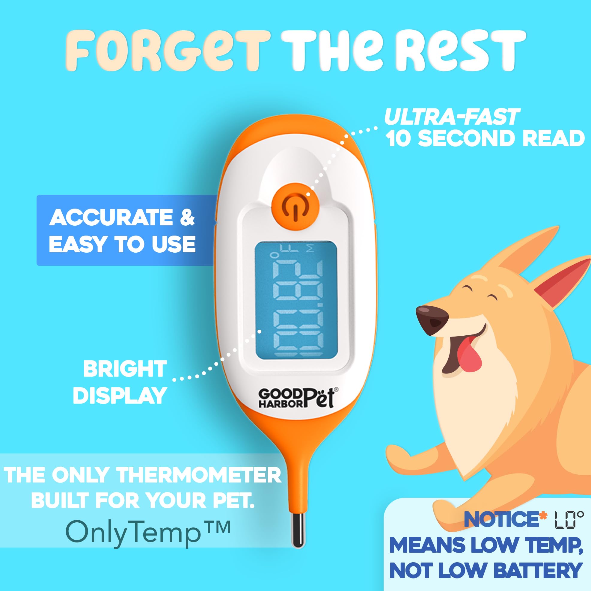 GoodHarborPet-OnlyTemp Ultra-Fast 10s Read, IP55 Water Resistant - Precision Rectal Thermometer for Pets