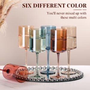 Colored Wine Glasses Set 6-14oz Multi Colored Square Wine Glasses with Tall Long Stems, Hand Blown Crystal Colorful Wine Glasses, Unique Wine Glasses for Christmas Thanksgiving