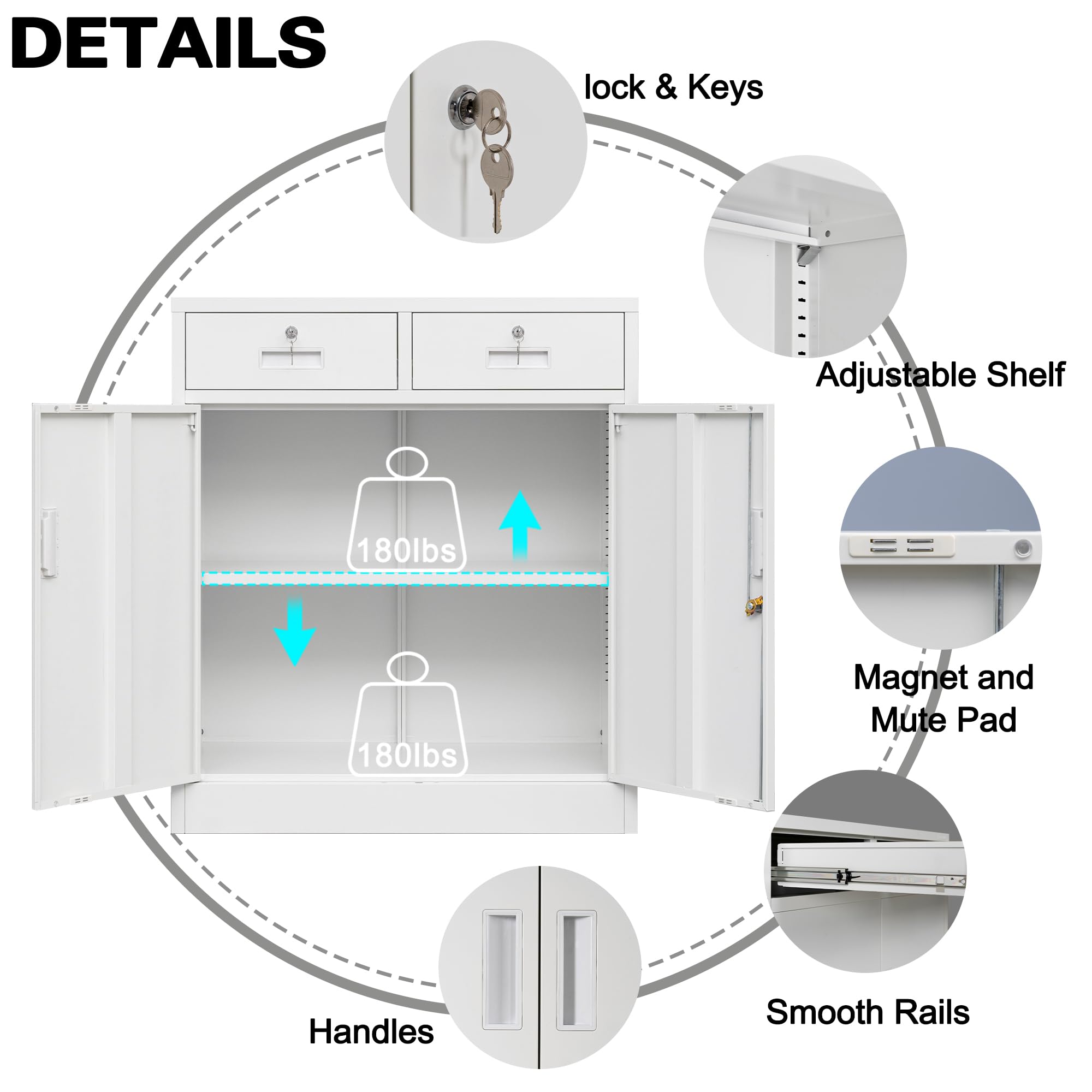 CMY Metal Storage Cabinet with Locking Doors and Adjustable Shelf, 36" H Steel Cabinet with Two Drawers, Locking Storage Cabinet for Office, Garage, Home-White