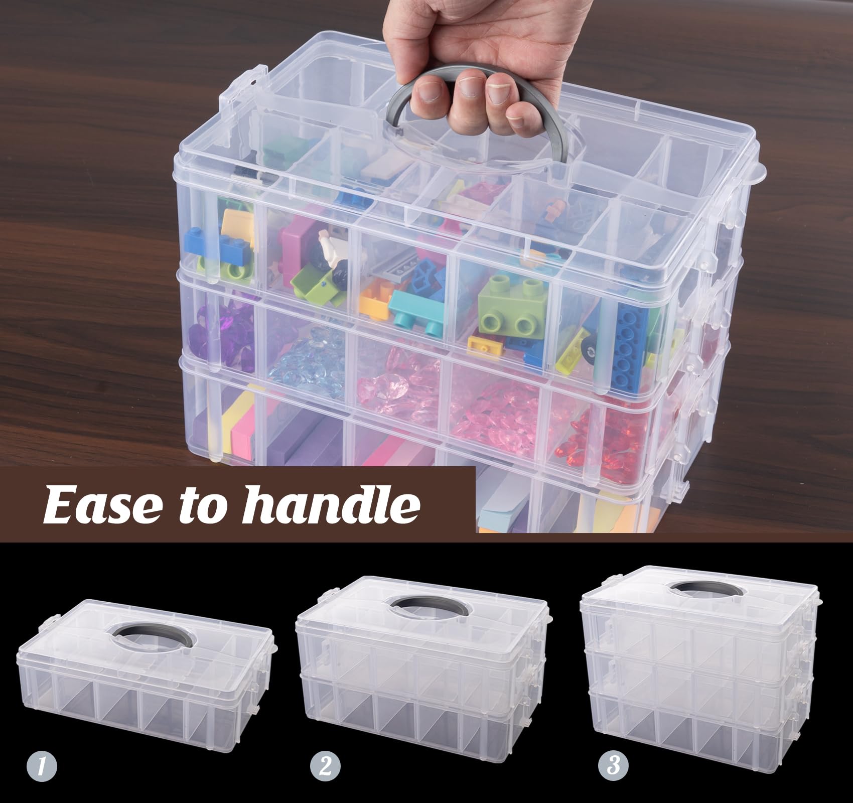 Anstore Storage Box with Compartments, Reinforced 3-Tier Clear Plastic Craft Storage Box with Lids, Practical Sorting Box for Crafts, Jewelry, Toy building blocks(Medium)