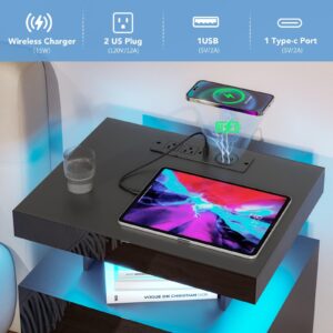 HOMMPA LED Nightstand with Wireless Charging Station & USB Ports, 3 Drawer Night Stand with LED Light RGB Adjustable Brightness, Smart Nightstand High Gloss Bedside Table for Bedroom Black