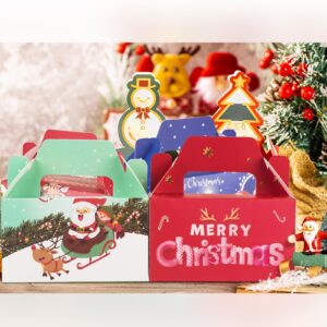 24 PCS 3D Christmas Cookie Gift Boxes with Handles for Holiday Xmas, School Classroom Party Favor Supplies, Candy Treat Cardboard Cookie Boxes, 4 Designs, Christmas Gift Boxes