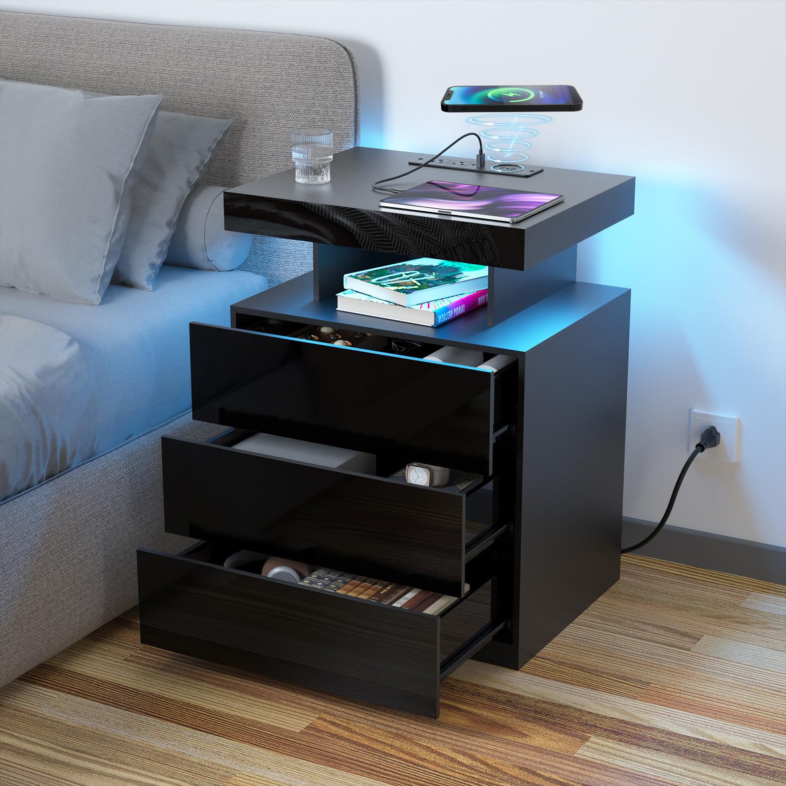 HOMMPA LED Nightstand with Wireless Charging Station & USB Ports, 3 Drawer Night Stand with LED Light RGB Adjustable Brightness, Smart Nightstand High Gloss Bedside Table for Bedroom Black