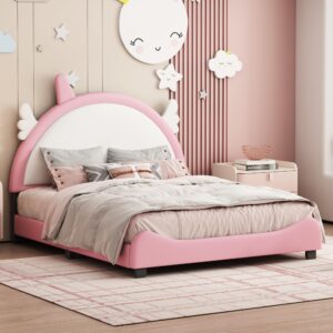 harper & bright designs full size upholstered princess bed frame with crown headboard for boys girls kids toddler,full size platform bed with headboard and footboard,white+pink (pink3)