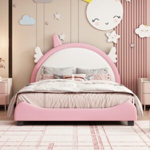 Harper & Bright Designs Full Size Upholstered Princess Bed Frame with Crown Headboard for Boys Girls Kids Toddler,Full Size Platform Bed with Headboard and Footboard,White+Pink (Pink3)