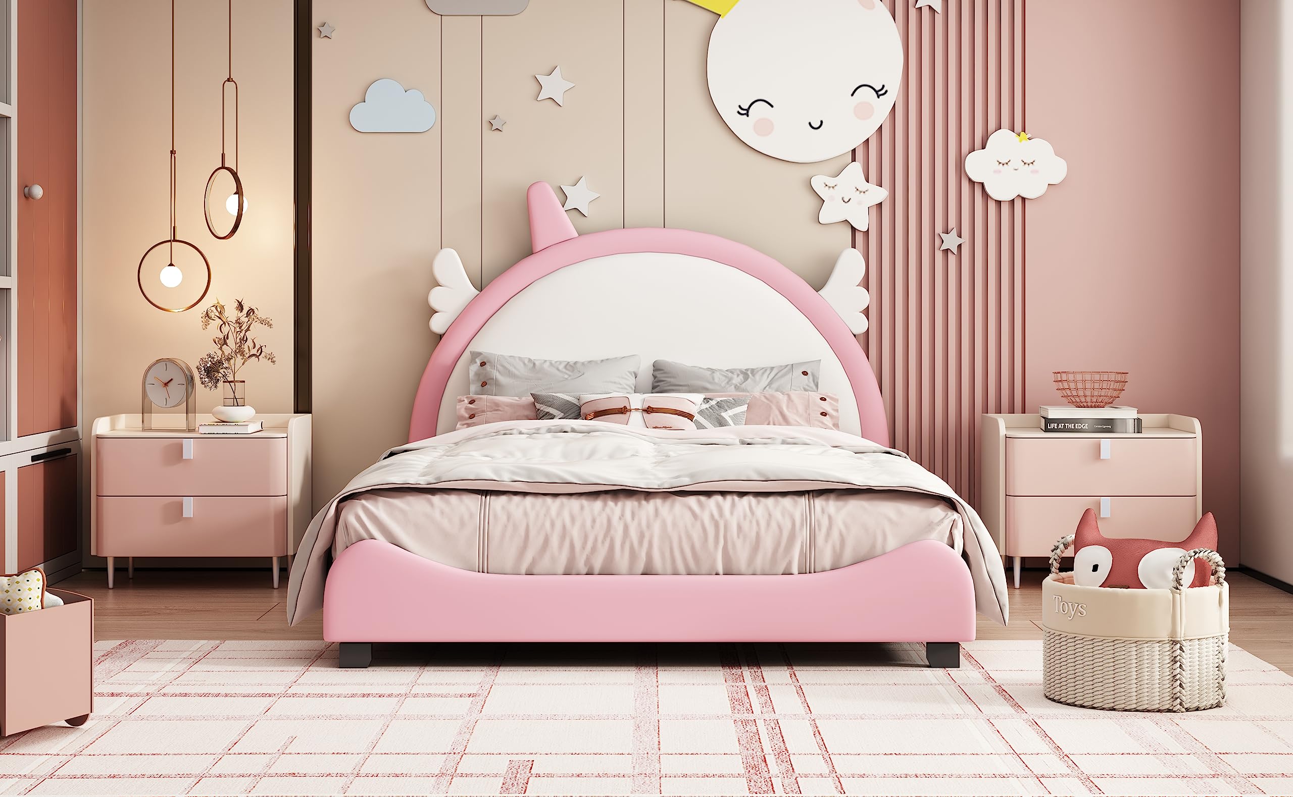 Harper & Bright Designs Full Size Upholstered Princess Bed Frame with Crown Headboard for Boys Girls Kids Toddler,Full Size Platform Bed with Headboard and Footboard,White+Pink (Pink3)