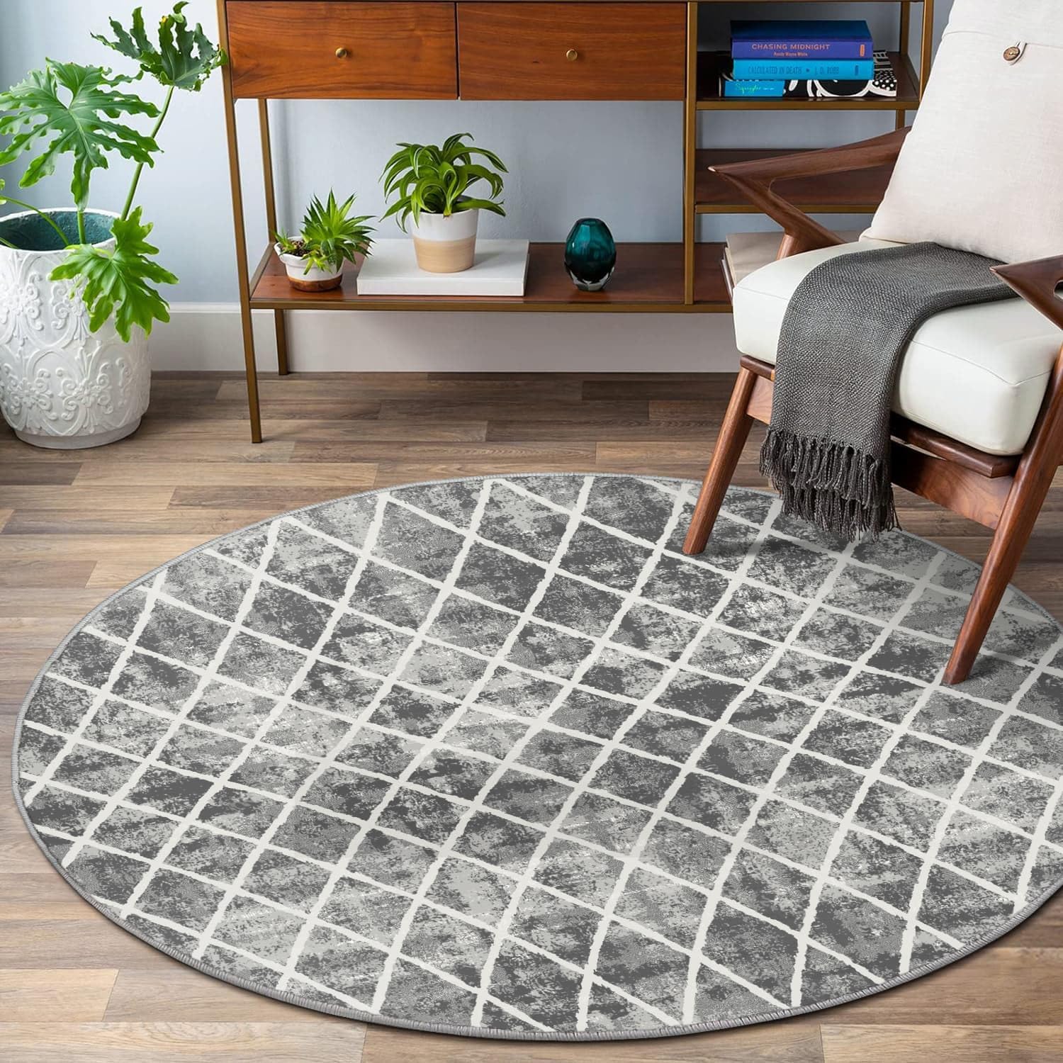 Trellis Washable Round Area Rug - Grey 4ft Round Rug Non-Slip Distressed Design Small Bedroom Circle Rug Non-Shedding Sofa Carpet for Bedroom Living Room Kitchen