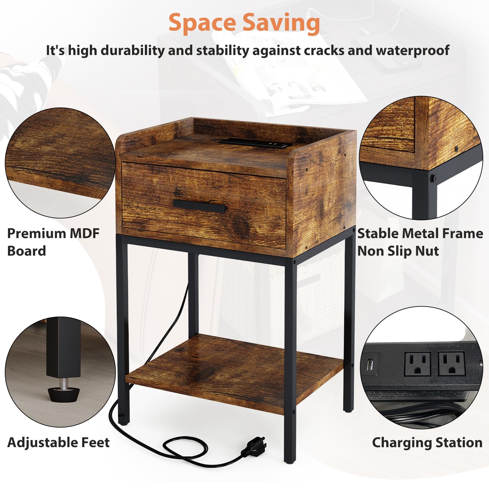 Fixwal Nightstand with Charging Station, Bedside Table with USB Ports and Outlets for Bed, 3-Tier End Table with Drawer Storage for Living Room Bedroom, Rustic Brown