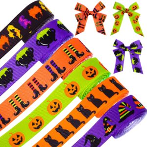 anydesign 6 rolls halloween grosgrain ribbon hocus pocus gift wrapping ribbon witch legs hats pumpkins magic pot black cat pattern ribbon for crafts gift wrapping halloween party decor, 7/8 inch