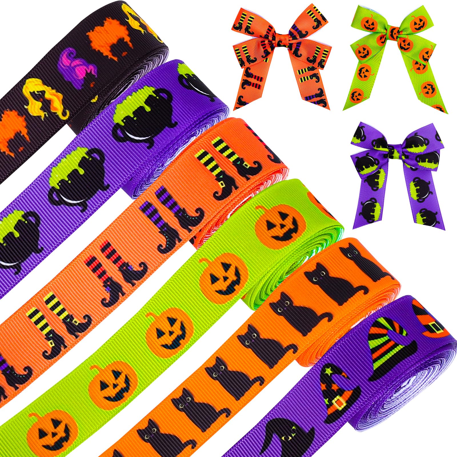 AnyDesign 6 Rolls Halloween Grosgrain Ribbon Hocus Pocus Gift Wrapping Ribbon Witch Legs Hats Pumpkins Magic Pot Black Cat Pattern Ribbon for Crafts Gift Wrapping Halloween Party Decor, 7/8 Inch