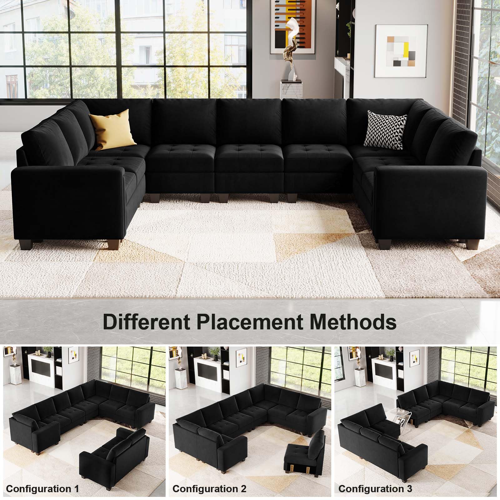 Belffin Oversized Velvet Modular 9 Seater U-Shape Sectional Sofa Set with Chaise Convertible sectional Sofa Couch Set Modular Couch Corner U Shaped Sectoional Sofa Black