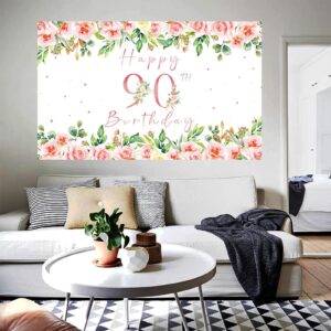 Crenics 90th Birthday Decorations for Women, Rose Gold Floral Happy 90th Birthday Banner Backdrop for Female 90 Birthday Party Supplies, 5.9 x 3.6 Ft