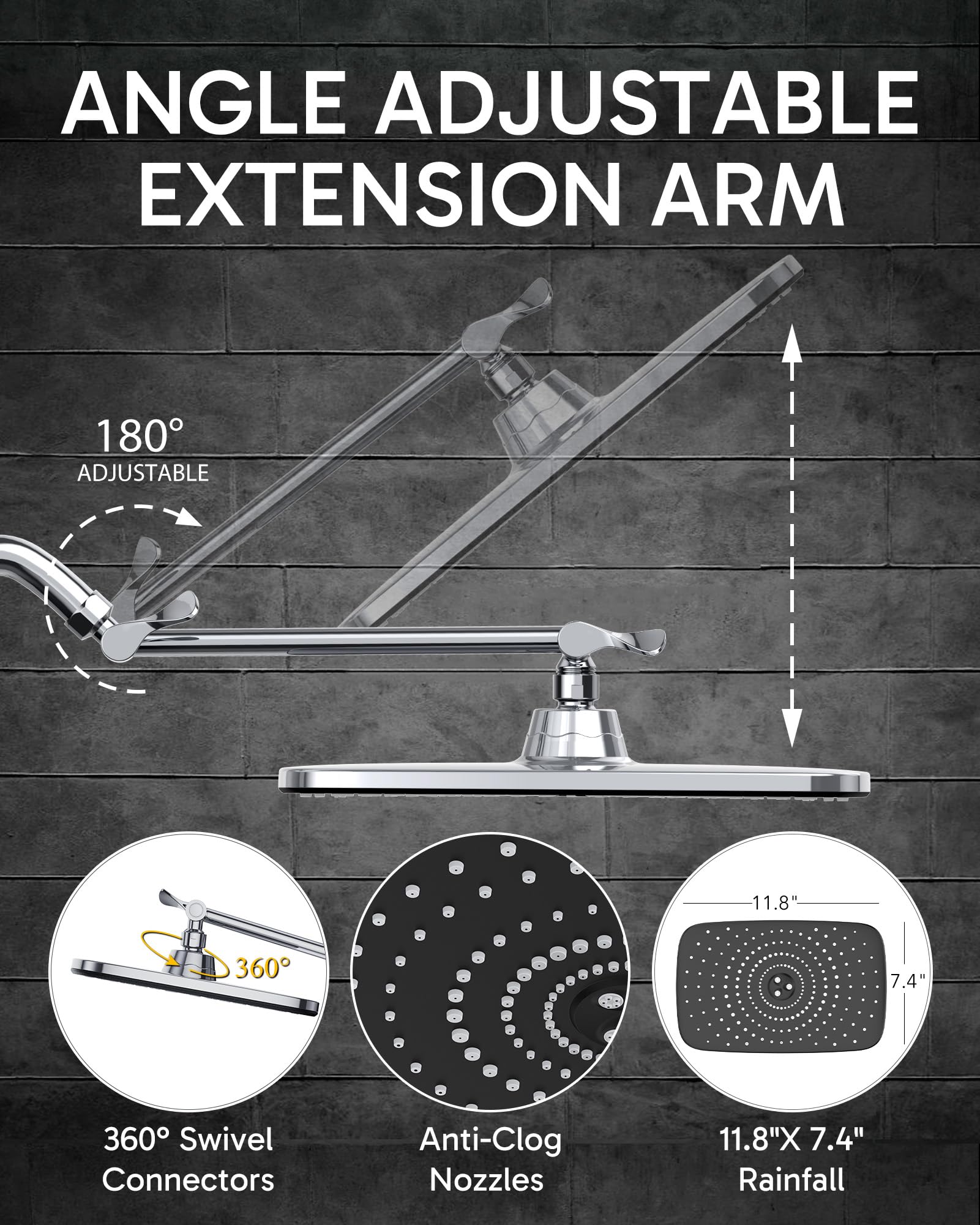 Veken Rain Shower Head, 11.8 Inch Large Rectangular Rainfall Showerhead, Adjustable Stainless Steel 11 inch Extension Arm, Detachable Waterfall Rain Fall Showerheads with Anti-Clog Nozzles, Chrome