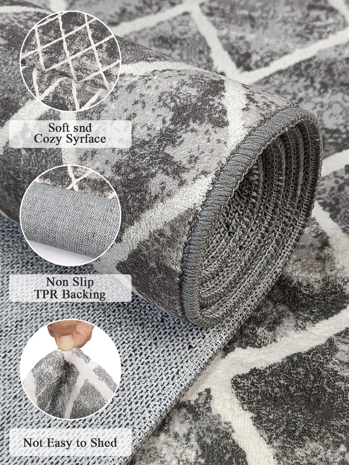 Trellis Washable Round Area Rug - Grey 4ft Round Rug Non-Slip Distressed Design Small Bedroom Circle Rug Non-Shedding Sofa Carpet for Bedroom Living Room Kitchen