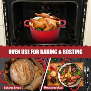 Red Enameled Dutch Oven Pot for Bread Baking, P&P CHEF 2 in 1 Round 5Qt Cast Iron Dutch Oven with Lid Set, Skillet & Pot for Roasting Braising Stewing Frying Simmering, Multi Stoves & Oven Safe