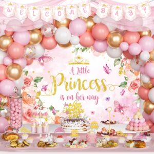 Fiesec Princess Baby Shower Decorations, A Little Princess Is On Her Way Baby Shower Backdrop Banner Balloon Tablecloth Cake Cupcake Topper Box Cutout Crown for Girls Baby Shower Gender Reveal