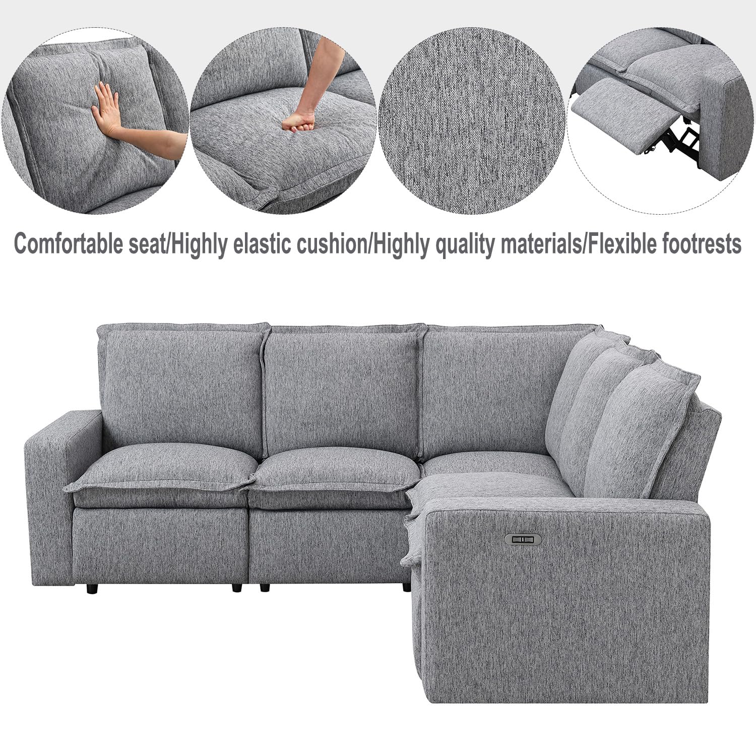 FREESNOOZE Power Reclining Sectional Sofa L-Shaped Recliner Corner Sofa, Home Theater Recliner Chair Couch with USB Port for Living Room/Bedroom Linen Fabric (Grey)