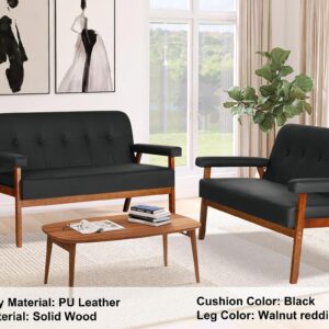 STHOUYN 50”W Black Faux Leather Small Office Couch Loveseat Sofa with Wood Arms, Mid Century Modern Love Seat Sofas Lounge Armchair Living Room Bedroom (Black (loveseat))