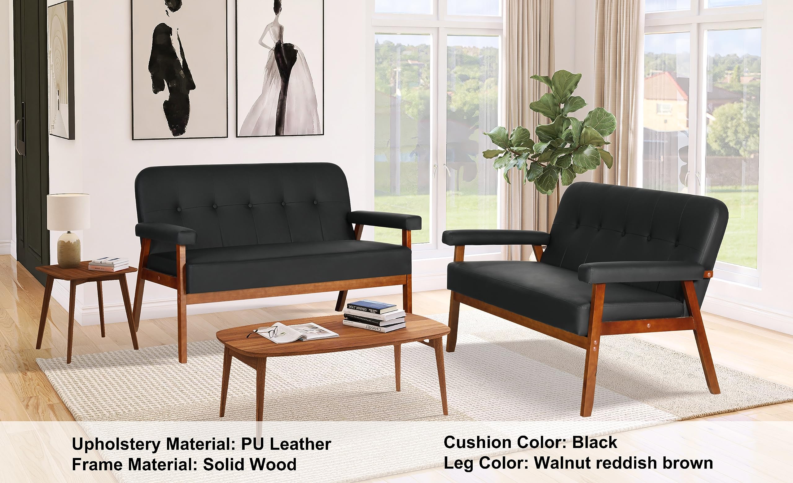 STHOUYN 50”W Black Faux Leather Small Office Couch Loveseat Sofa with Wood Arms, Mid Century Modern Love Seat Sofas Lounge Armchair Living Room Bedroom (Black (loveseat))