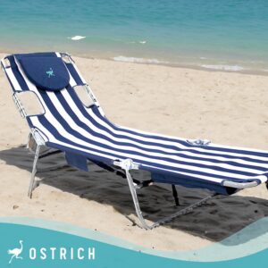 Ostrich Backpack Chaise Folding Lounge Chair w/4 Adjustable Position, Carrying Straps, Side Pocket and Storage Bag, Navy Stripe (2 Pack)