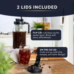 Cold Brew Coffee Maker with Heavy Duty Glass Body & 2 Lids - Iced Tea Machines with Stainless Steel Filter - Iced Coffee Maker - Cold Brew Mason Jar Pitcher with Flip Cap Lid (64 oz / 2 quart, Black)