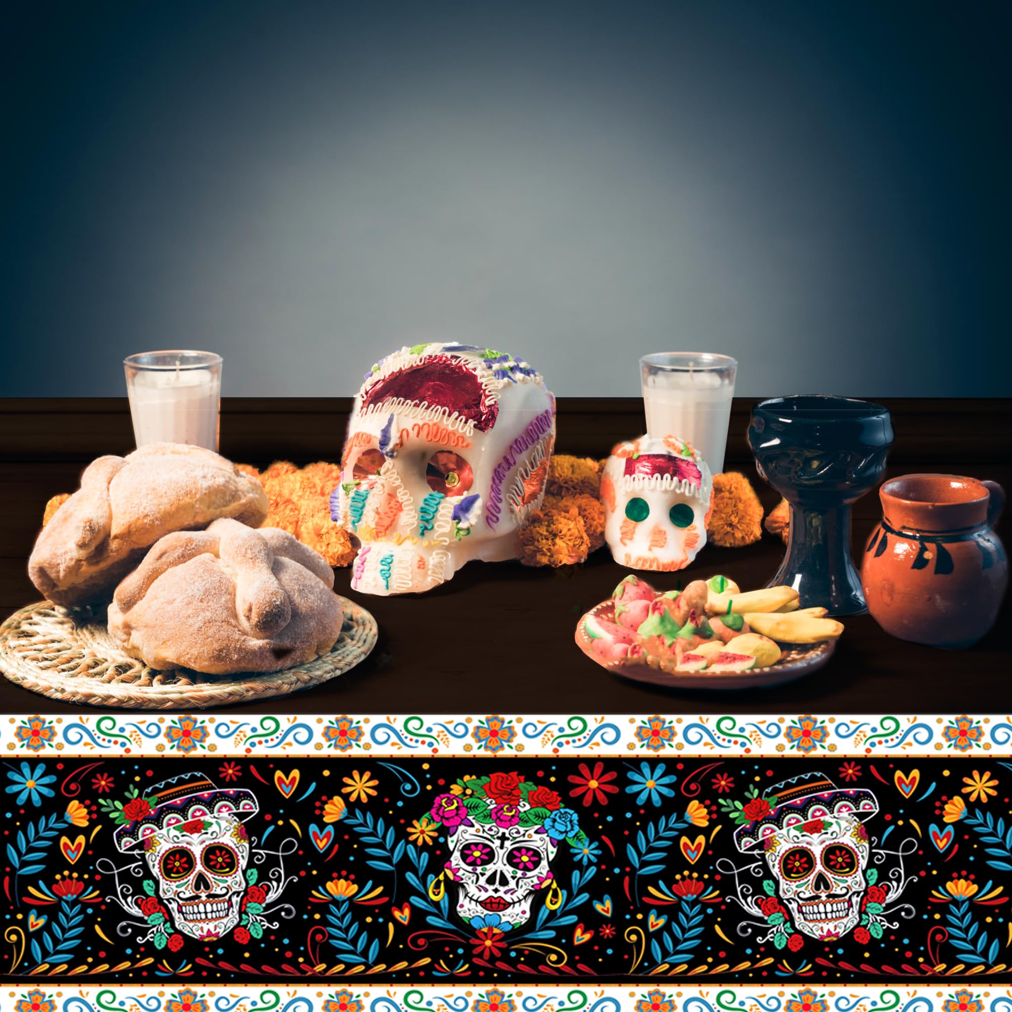 1 Pieces Day of the Dead Party Plastic Tablecloth 54 x 87 Inch Colorful Skull Long Rectangular Table Cover for Buffet, Fiesta Flowers Party Holiday Dinner, Picnic Tablecloth for Kitchen Event Use