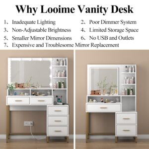 Loomie Vanity Desk with Lighted Mirror & Power Outlet, Makeup Table with 5 Drawers, Two Cubby & Shelf, Vanity Dresser with 11 Lights in 3 Lighting Colors for Bathroom, Bedroom,Makeup Room,White