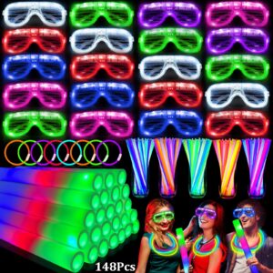 148 pcs new years eve glow in the dark party supplies- 24 pcs 16" foam glow sticks, 24 pcs led glasses, 100 pcs glow sticks necklaces bracelets light up new years party favors wedding birthday