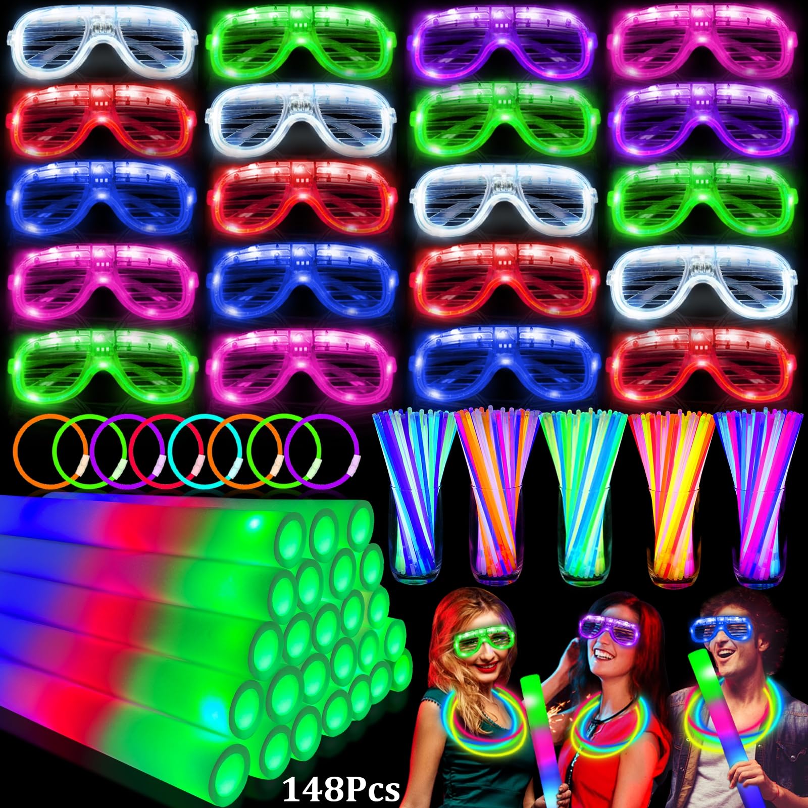 148 PCS New Years Eve Glow in the Dark Party Supplies- 24 Pcs 16" Foam Glow Sticks, 24 Pcs LED Glasses, 100 Pcs Glow Sticks Necklaces Bracelets Light Up New Years Party Favors Wedding Birthday