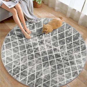 Trellis Washable Round Area Rug - Grey 4ft Round Rug Non-Slip Distressed Design Small Bedroom Circle Rug Non-Shedding Sofa Carpet for Bedroom Living Room Kitchen