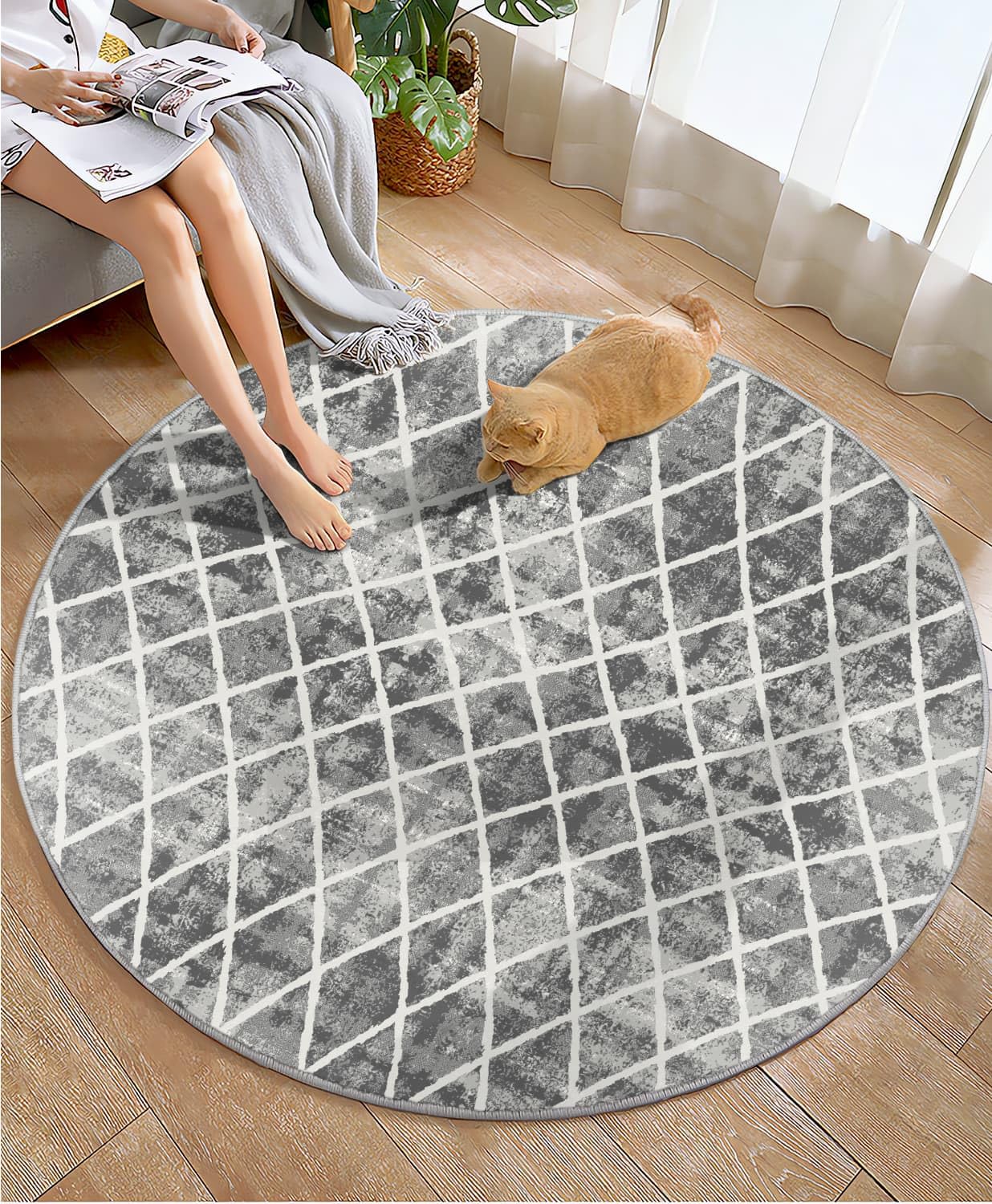 Trellis Washable Round Area Rug - Grey 4ft Round Rug Non-Slip Distressed Design Small Bedroom Circle Rug Non-Shedding Sofa Carpet for Bedroom Living Room Kitchen