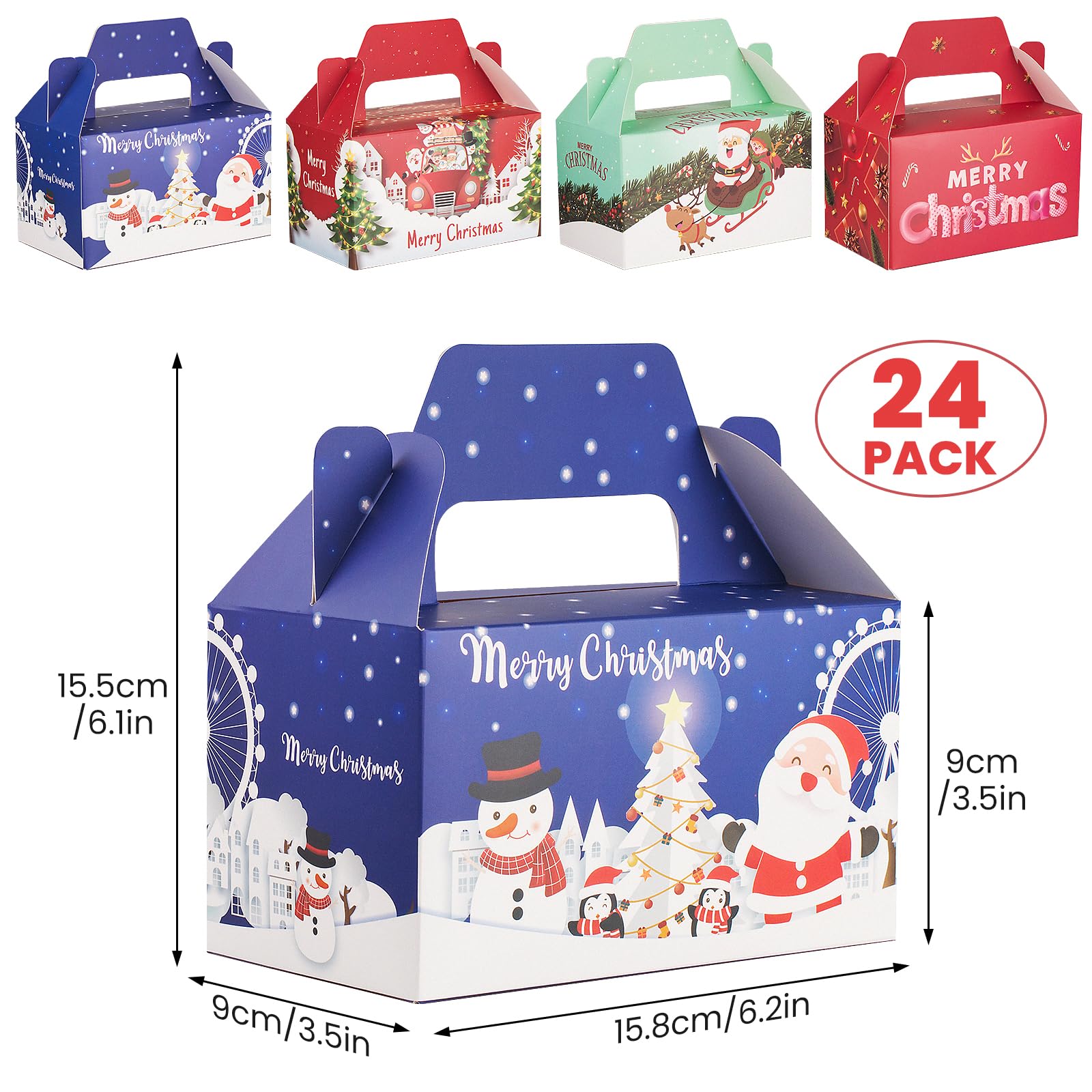 24 PCS 3D Christmas Cookie Gift Boxes with Handles for Holiday Xmas, School Classroom Party Favor Supplies, Candy Treat Cardboard Cookie Boxes, 4 Designs, Christmas Gift Boxes