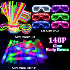 148 PCS New Years Eve Glow in the Dark Party Supplies- 24 Pcs 16" Foam Glow Sticks, 24 Pcs LED Glasses, 100 Pcs Glow Sticks Necklaces Bracelets Light Up New Years Party Favors Wedding Birthday