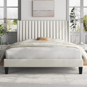 yaheetech queen bed frame upholstered platform bed with fabric headboard, wing edge design/non-slip and noise-free/wooden slats support/no box spring needed/easy assembly, beige queen bed