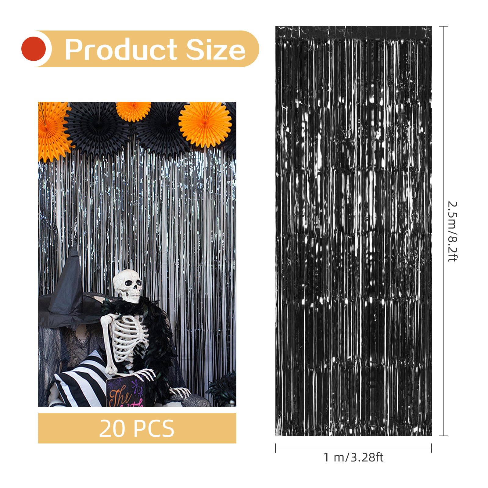 20 Pack Black Foil Curtain Backdrop 3.2ft x 8.2ft Foil Fringe Backdrop Curtain Metallic Tinsel Foil Fringe Curtains Streamer Backdrop Curtains for Birthday Party Decorations Photo Booth (Black)