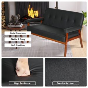 STHOUYN 50”W Black Faux Leather Small Office Couch Loveseat Sofa with Wood Arms, Mid Century Modern Love Seat Sofas Lounge Armchair Living Room Bedroom (Black (loveseat))