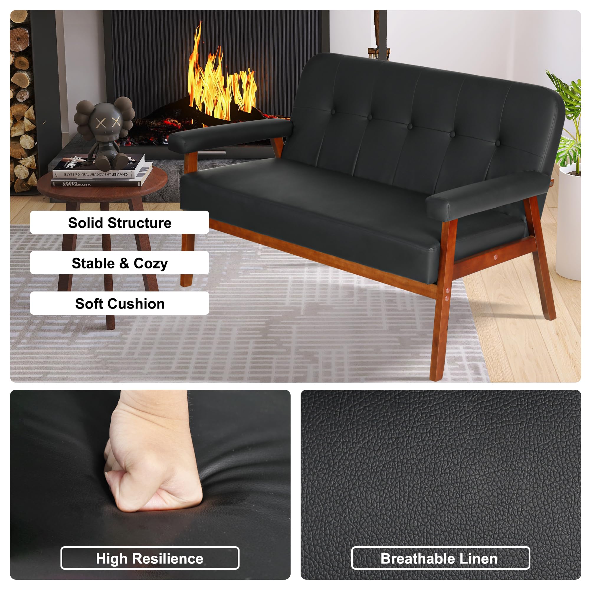 STHOUYN 50”W Black Faux Leather Small Office Couch Loveseat Sofa with Wood Arms, Mid Century Modern Love Seat Sofas Lounge Armchair Living Room Bedroom (Black (loveseat))