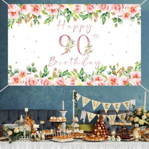 crenics 90th birthday decorations for women, rose gold floral happy 90th birthday banner backdrop for female 90 birthday party supplies, 5.9 x 3.6 ft