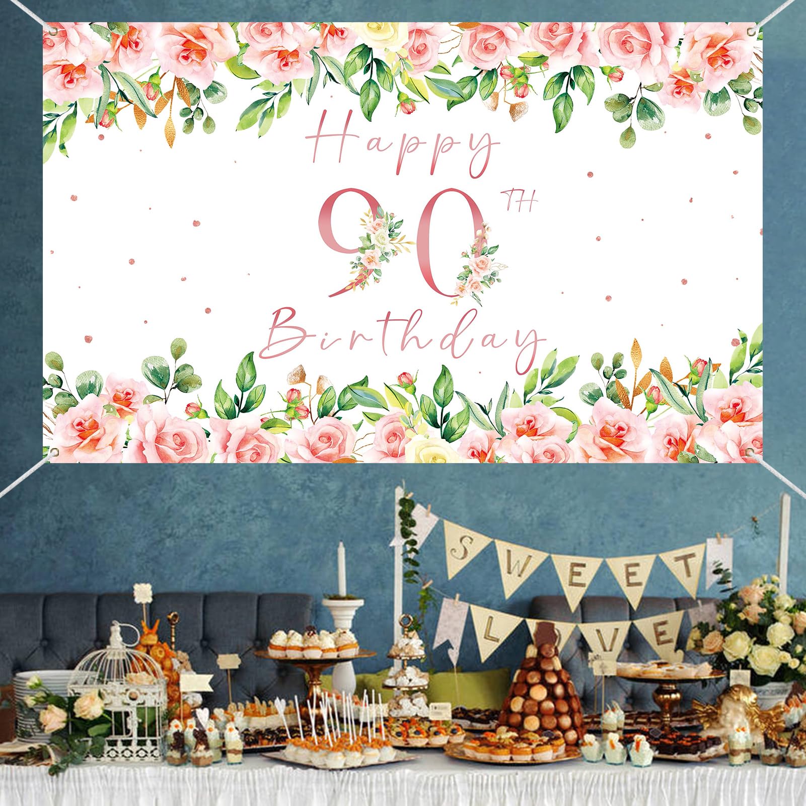 Crenics 90th Birthday Decorations for Women, Rose Gold Floral Happy 90th Birthday Banner Backdrop for Female 90 Birthday Party Supplies, 5.9 x 3.6 Ft